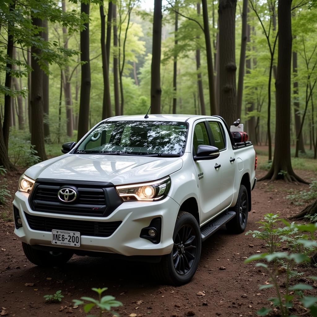 Anten đuôi cá trên xe bán tải Toyota Hilux đang thu sóng radio trong môi trường nhiều cây cối