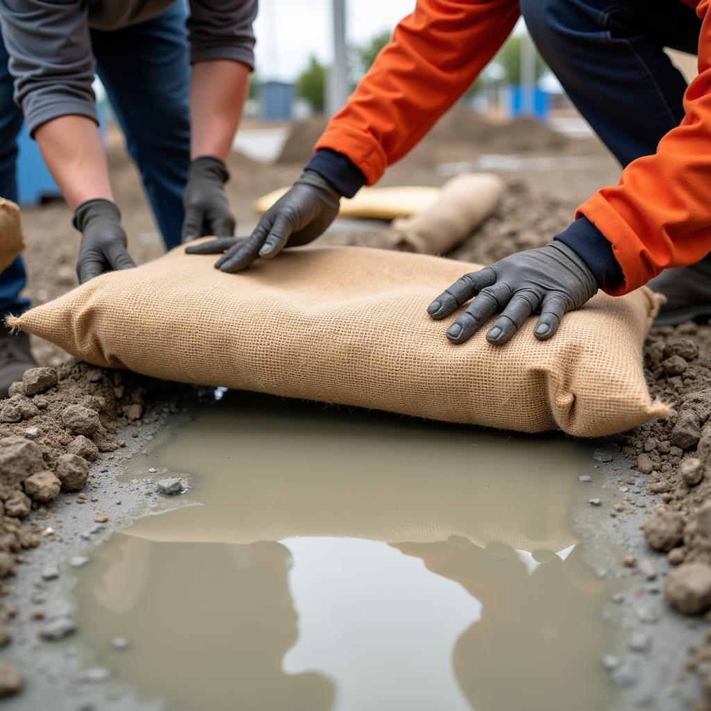 Workers Spreading Burlap Sacks on Concrete Surface