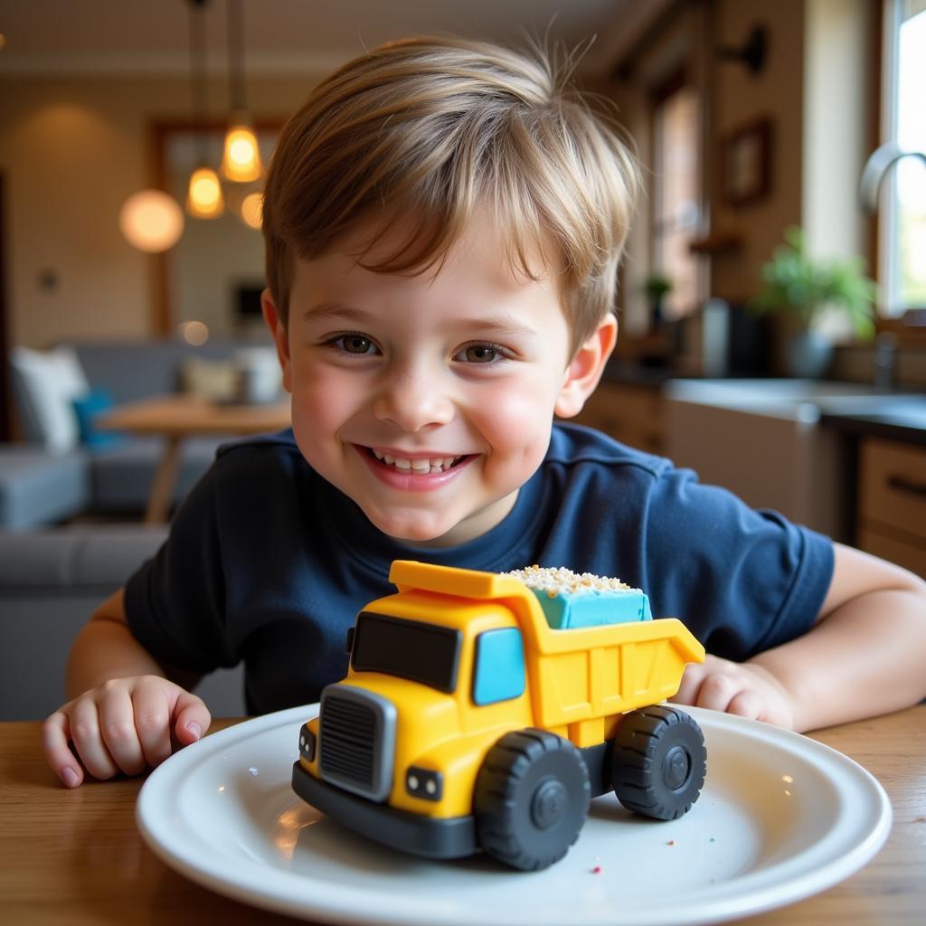 Happy boy with his truck cake