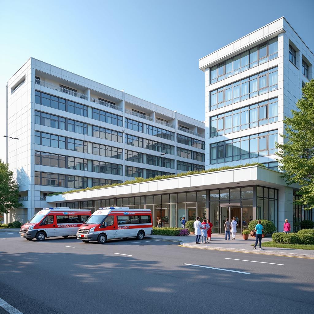 Modern hospital building with ambulances and medical staff