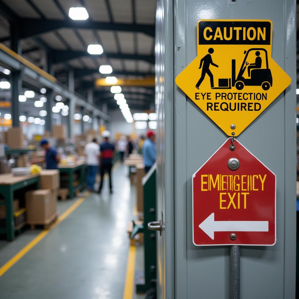 Workplace Safety Signage: Multiple Warning and Informational Signs Displayed in a Factory Setting