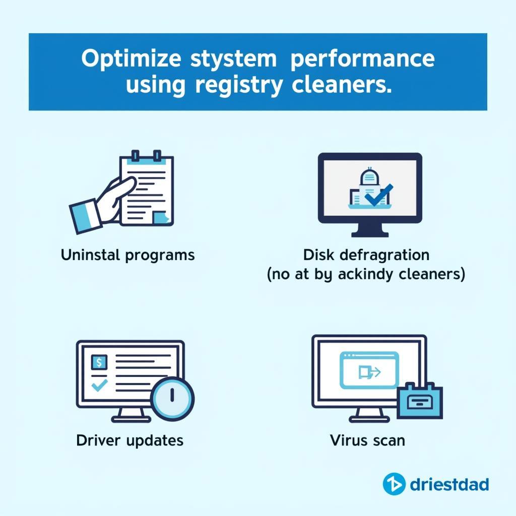Hình ảnh minh họa các lựa chọn thay thế cho registry cleaner, bao gồm gỡ cài đặt phần mềm, chạy Disk Defragmenter, cập nhật driver và quét virus