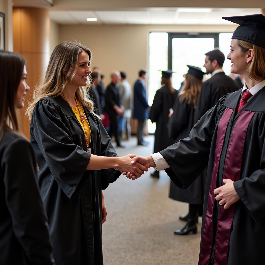 Graduates in graduation gowns shaking hands with recruiters at a job fair