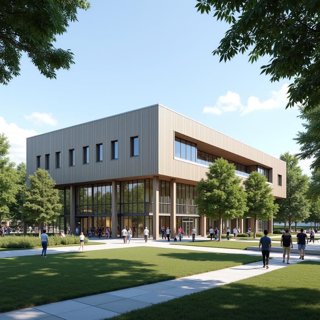 Modern university building with glass facade and spacious campus grounds