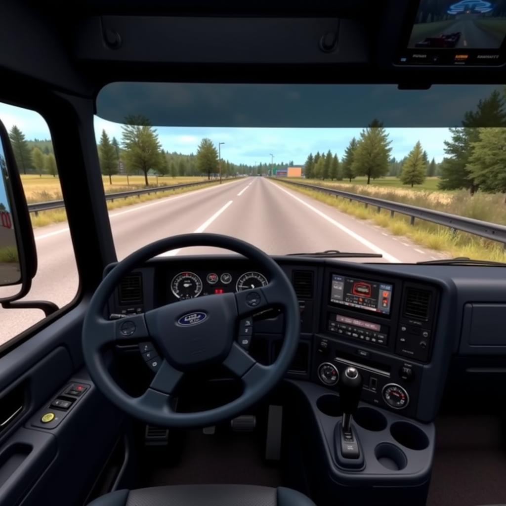 Hình ảnh gameplay ETS2 với xe tải và giao diện điều khiển