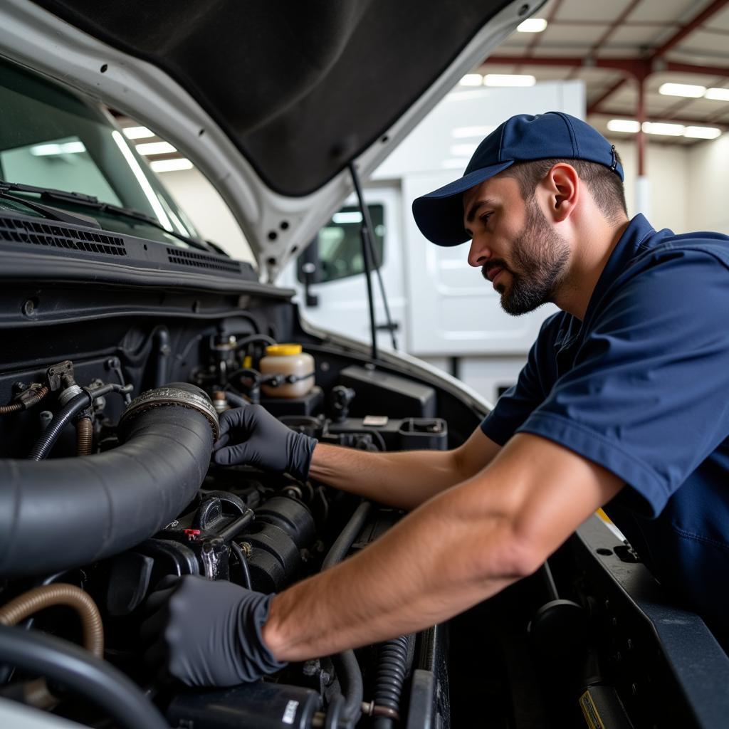 A mechanic is inspecting the engine of a used truck.