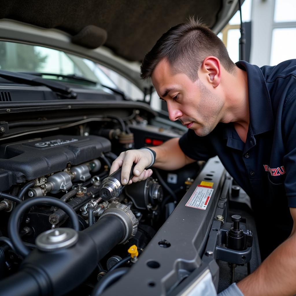 Inspecting the engine of an Isuzu truck