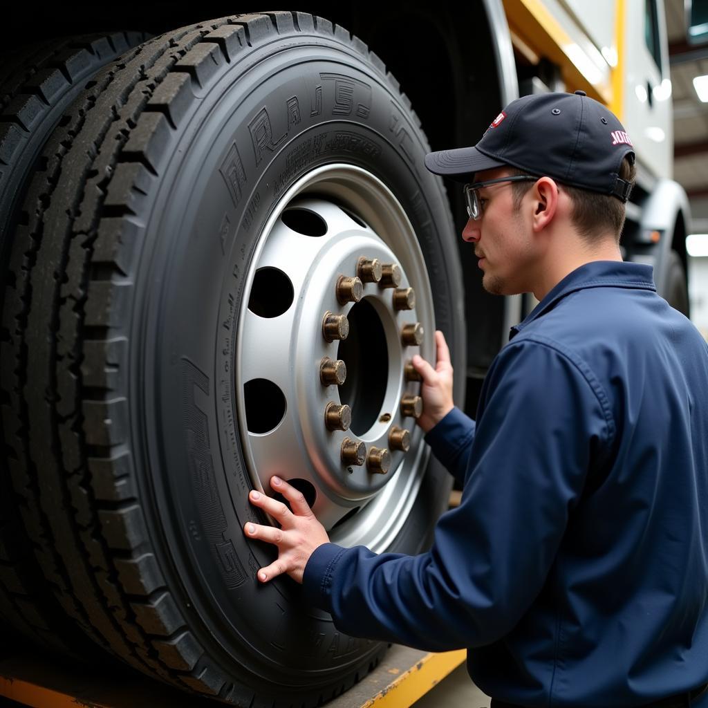 Kỹ thuật viên kiểm tra bánh xe tải cao su Mina