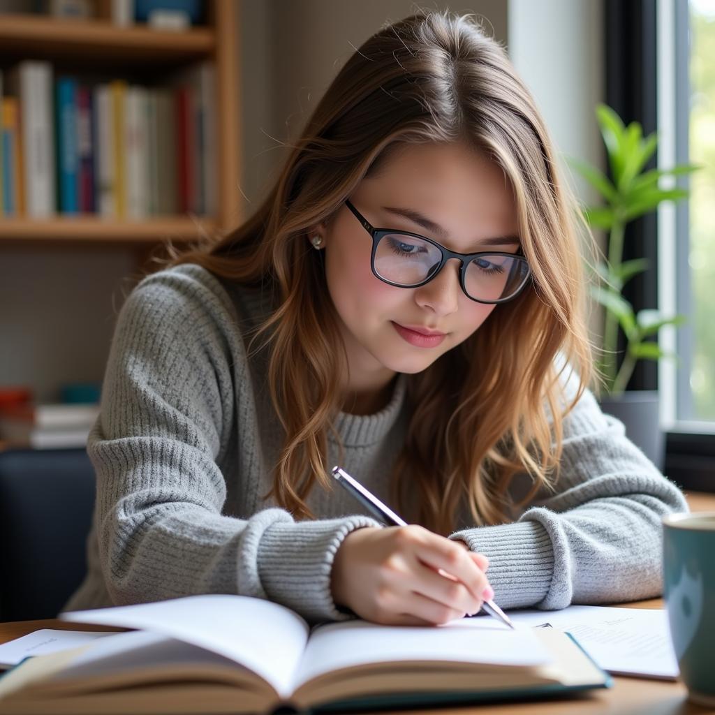 Female student using laptop and writing in notebook