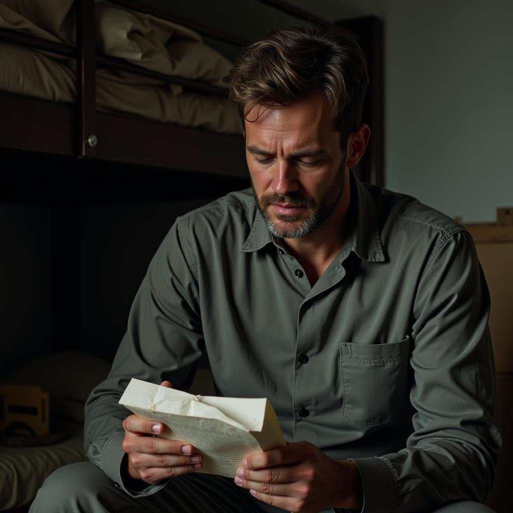 A prisoner reading letter with tears in his eyes