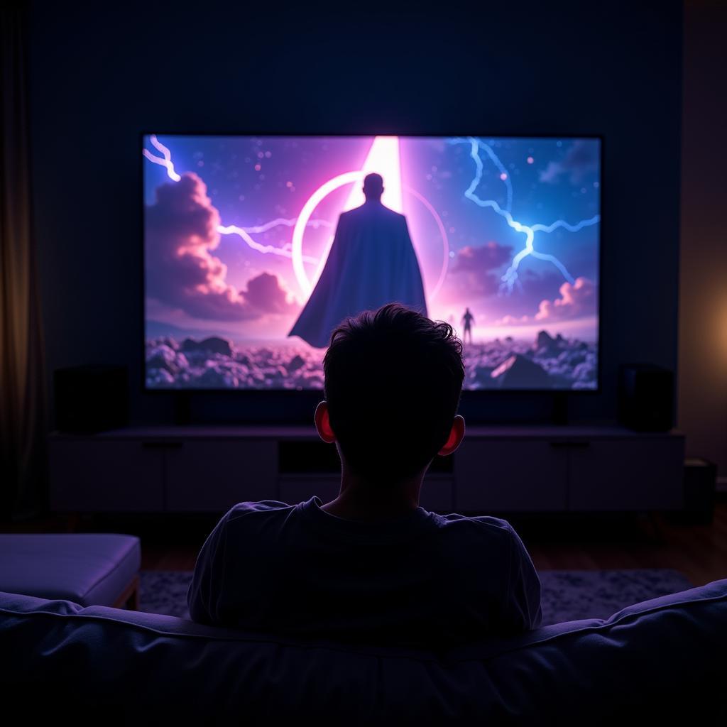 Tối Ưu Trải Nghiệm Xem Phim Avengers Endgame - Hình ảnh minh họa một người đang xem phim Avengers Endgame trên TV với hệ thống âm thanh vòm.