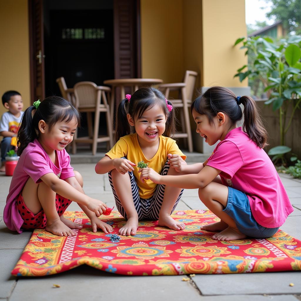 Trẻ em vui chơi ba bau ăn tải cây say