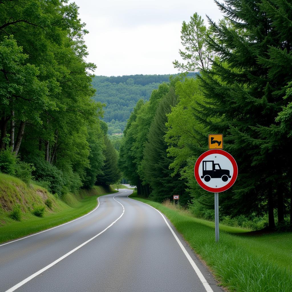 Road with a sign prohibiting trucks