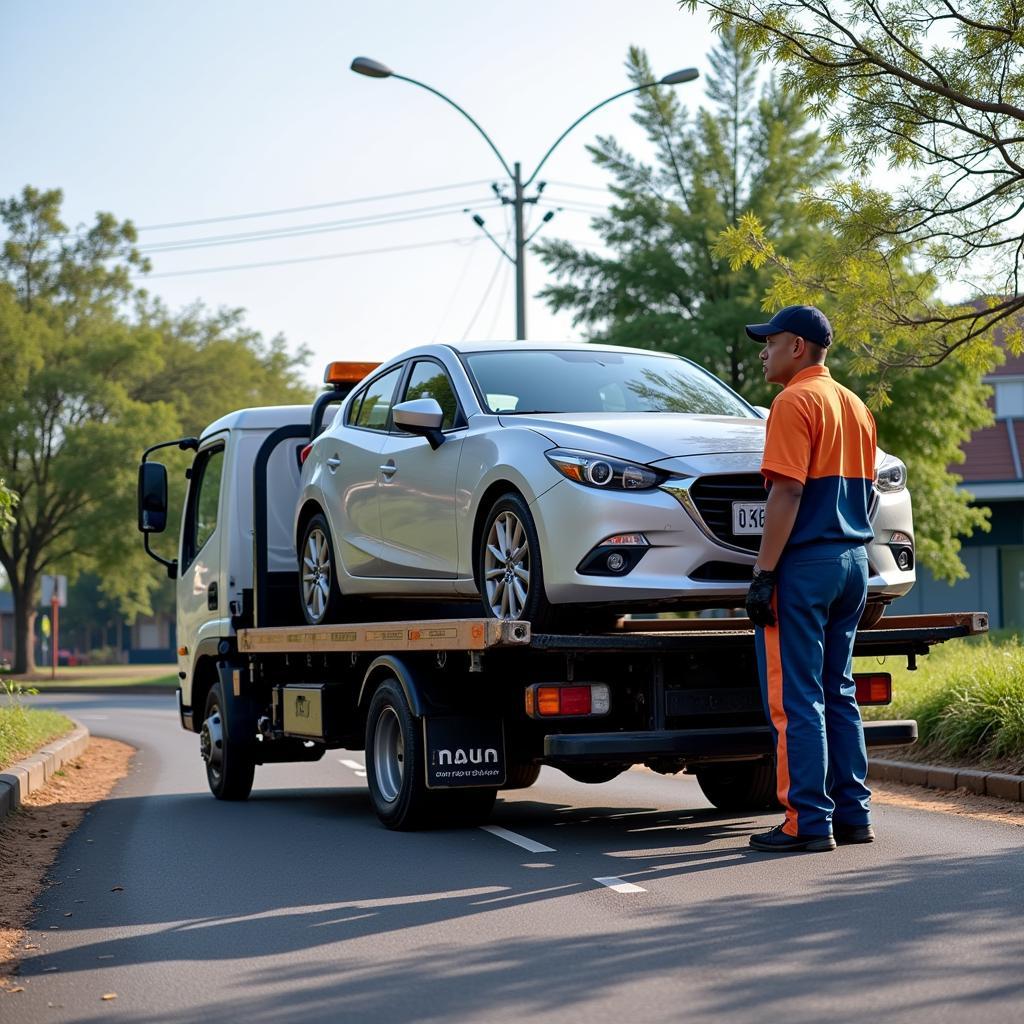 Bán tải chuyên dụng đang cứu hộ xe Mazda 3 bị hư hỏng nặng tại Bình Dương