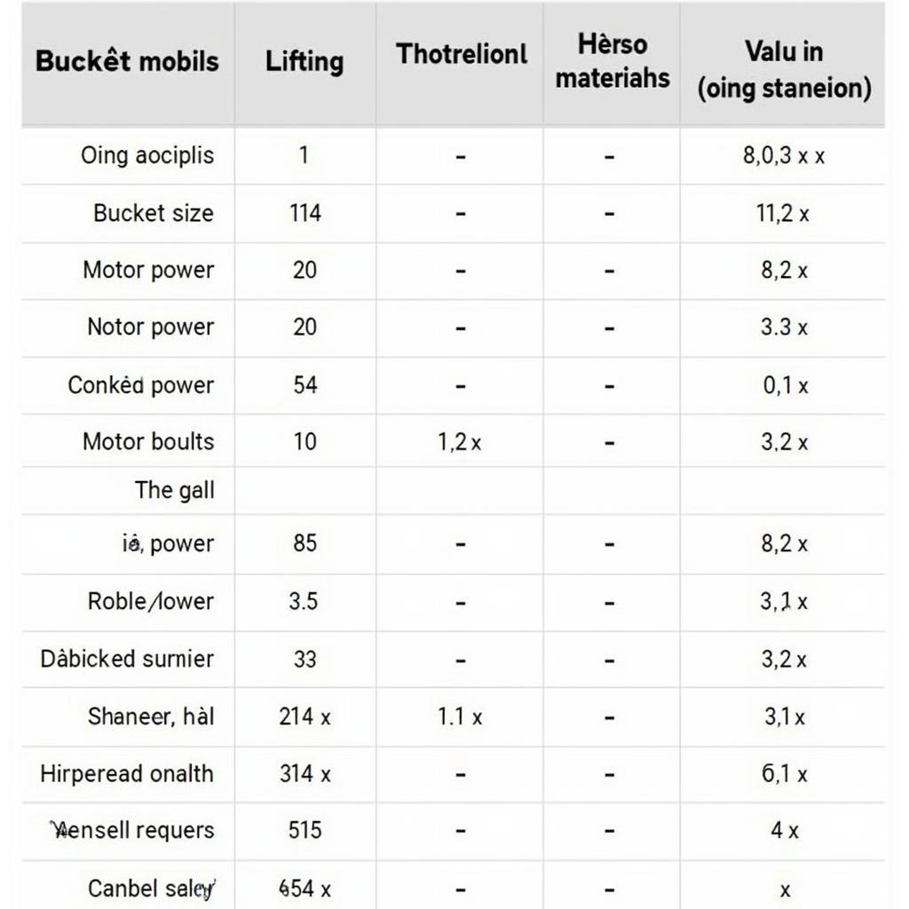 Bảng thông số kỹ thuật gầu tải