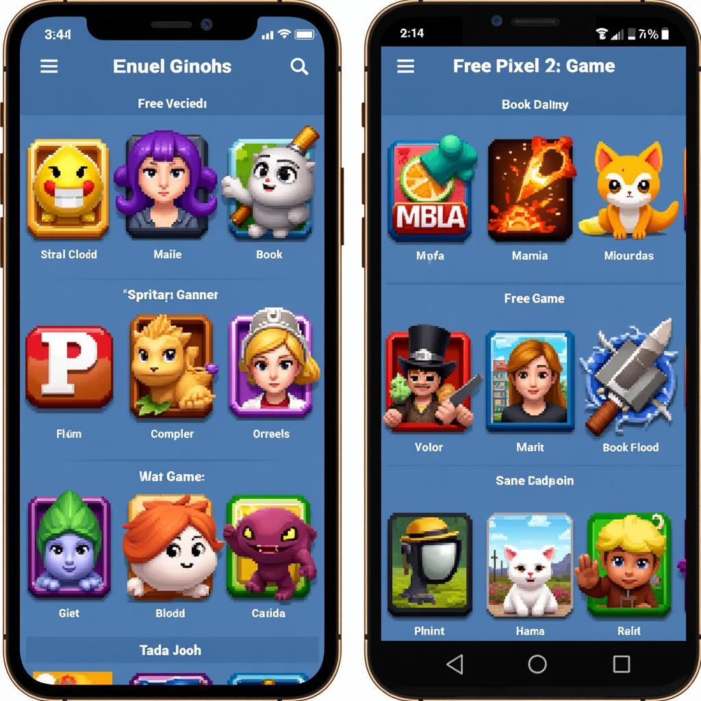 Tải game pixel miễn phí: Hình ảnh màn hình điện thoại hiển thị một loạt các icon game pixel miễn phí, với nhiều thể loại và phong cách khác nhau.