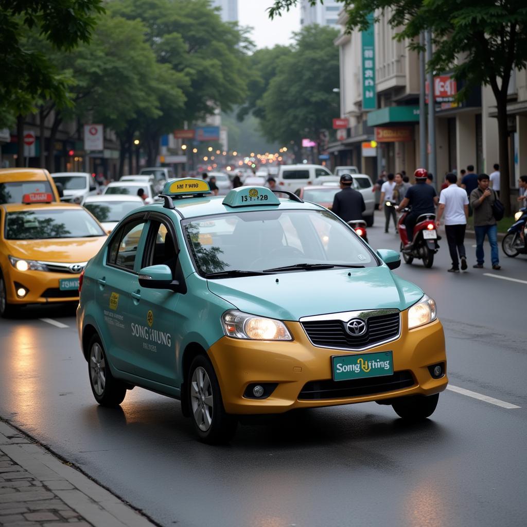 Hình ảnh taxi Sông Hồng hoạt động trong phố