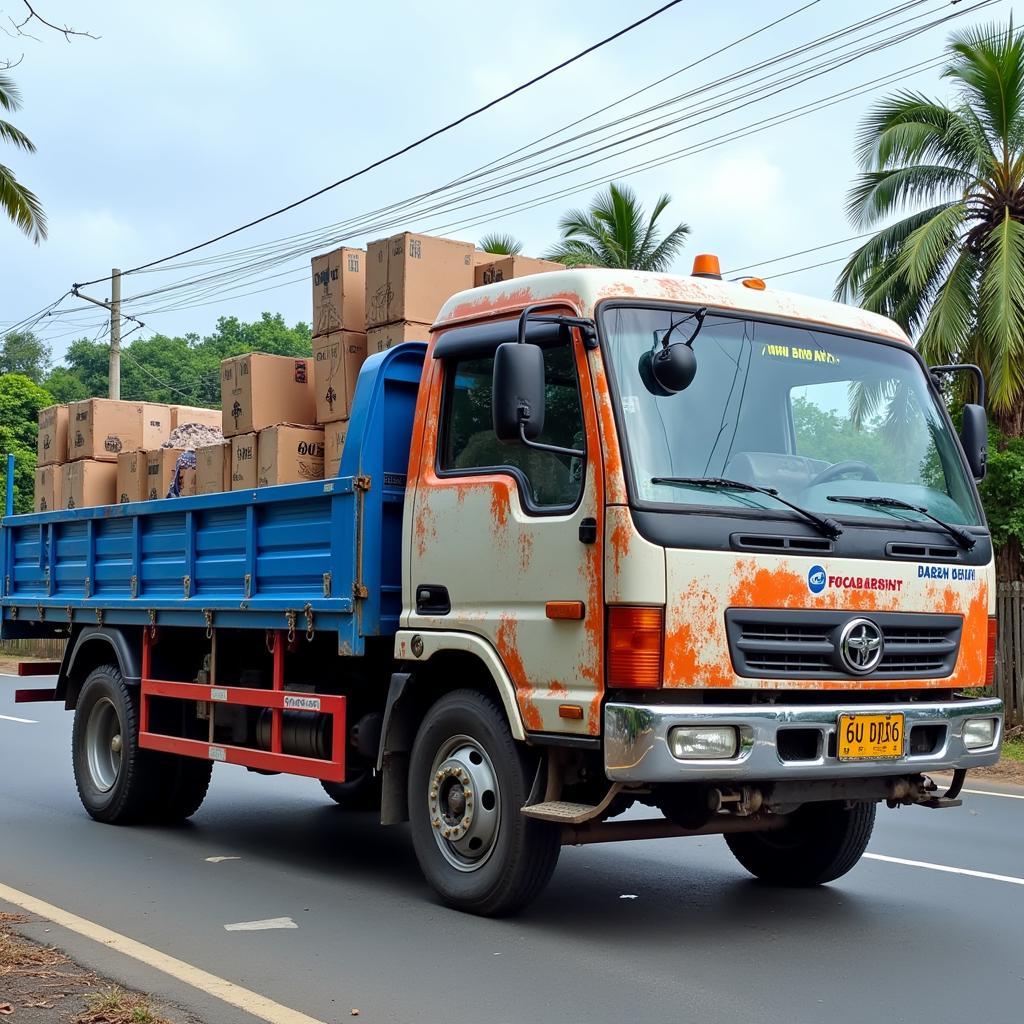 Thuê xe tải theo tháng tại Ninh Bình: Hình ảnh minh họa xe tải đang vận chuyển hàng hóa trên đường.