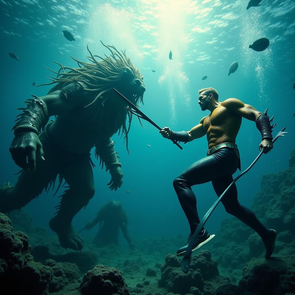 Aquaman chiến đấu với Orm:  Cảnh Aquaman và Orm đang giao chiến dữ dội dưới đáy đại dương.