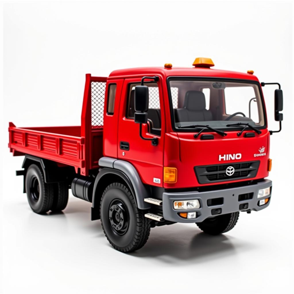 Mô hình xe tải Hino 500 Series tỉ lệ 1:32 với màu sơn đỏ nổi bật, cabin chi tiết, thùng xe mở được.