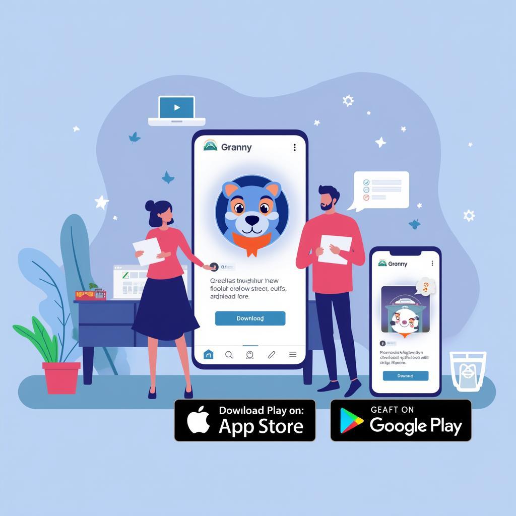 Hình ảnh minh họa việc tải Granny trên điện thoại thông qua App Store hoặc Google Play Store