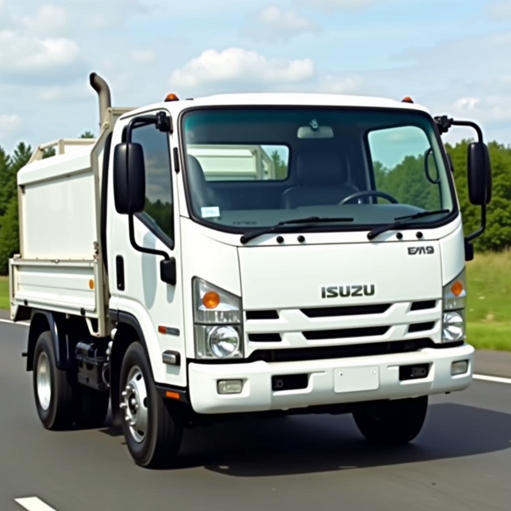 Xe tải Isuzu 1t9 màu trắng đang di chuyển trên đường.