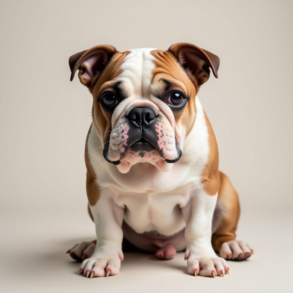 Hình ảnh một chú chó Bulldog Anh mặt xệ đang ngồi