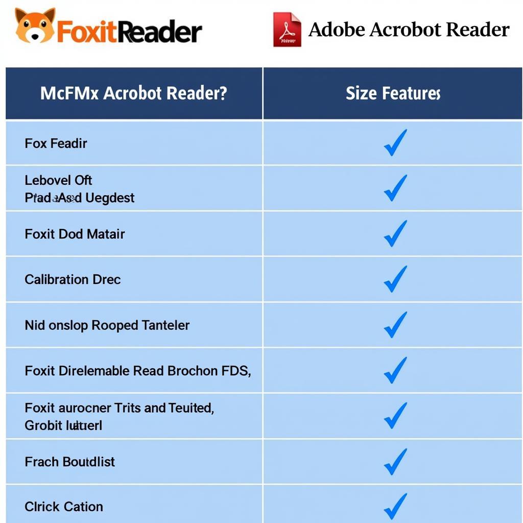 So sánh Foxit Reader với Adobe Acrobat Reader về tốc độ, dung lượng và tính năng, hình ảnh minh họa bảng so sánh.