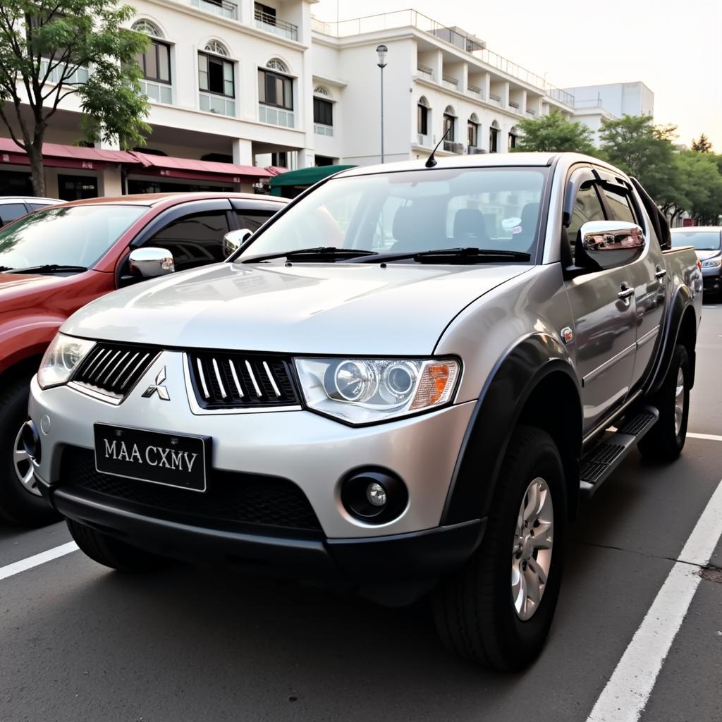 Xe bán tải Mitsubishi Triton cũ tại Hà Nội đang được trưng bày.